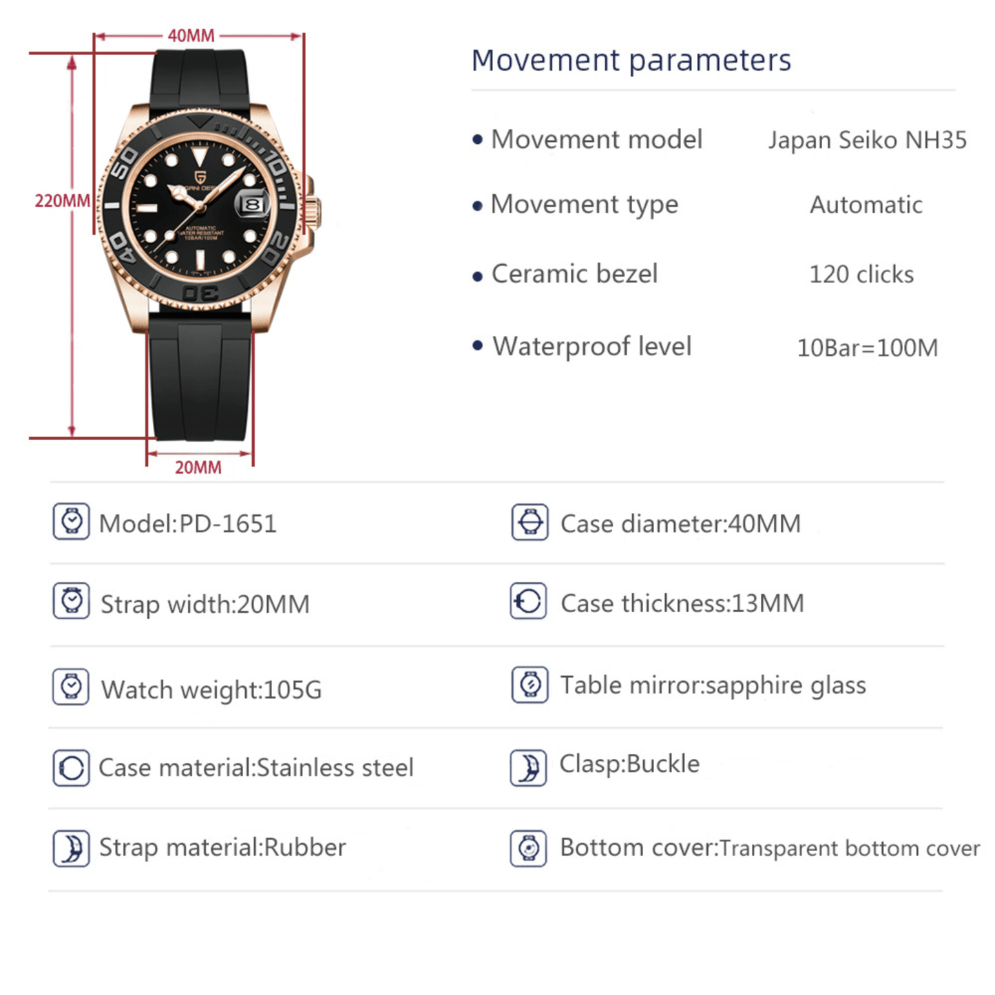 Pagani Design PD-1651 40 MM (Japan NH35 Automatic Movement) Mechanical Watch Stainless Steel Watch - Yatch Master