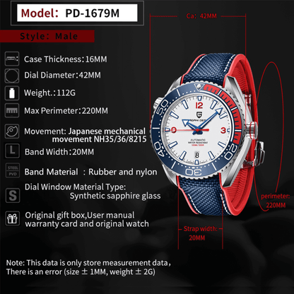 Pagani Design PD-1679M 42MM (Japanese NH-35 Automatic Movement) Mechanical Watch 100M Waterproof Dive Watch Sapphire Stainless Steel Bracelet Watch "Seamaster 300" - White Dial